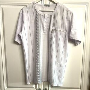 ZEEPMAYER Men's Sz Large White Short Sleeve Scoop Neck Top Buttons Zipper Pocket